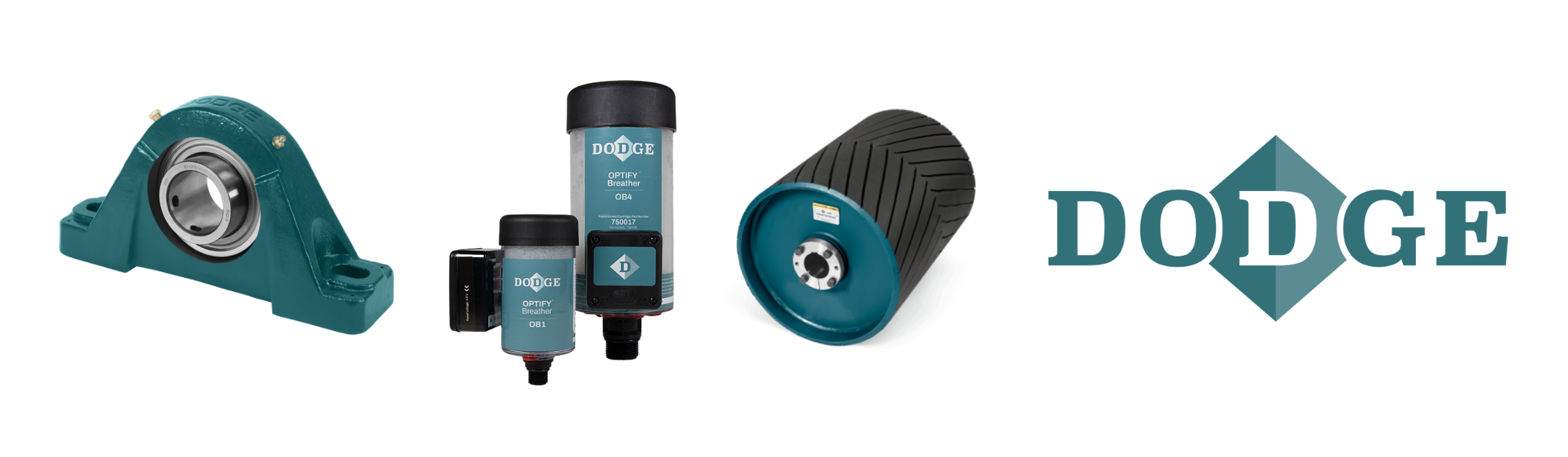 Dodge pillow block mounted ball bearing, two OPTIFY breathers, and a lagged conveyor drum pulley, alongside the teal Dodge Industrial logo